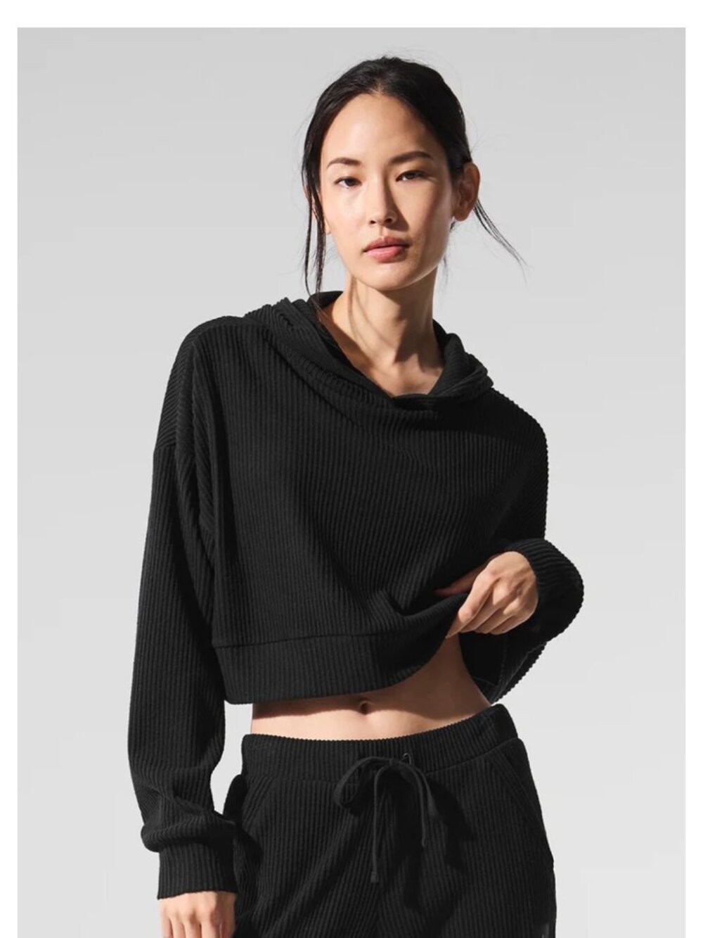 Alo Yoga Women Black Muse Ribbed Knit Cropped Hoodie Sweatshirt Medium  Light pe